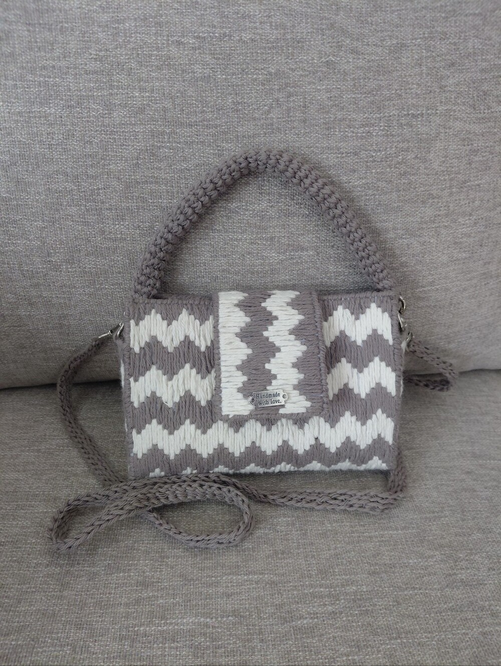 Handmade Gray & White Knit Chevron Crossbody Bag